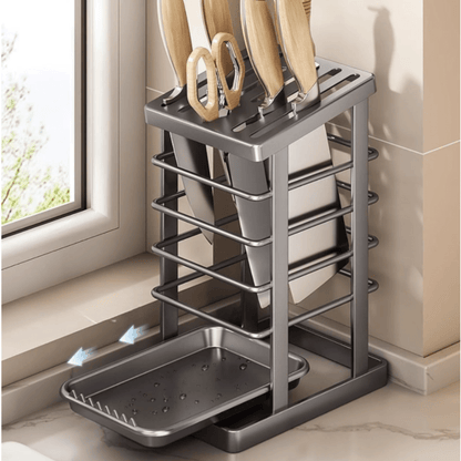 Multi-Functional Antibacterial Kitchen Knife Holder with Draining Tray