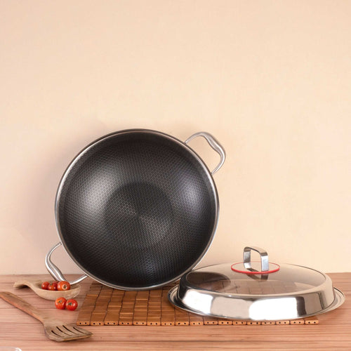 Stainless Steel Multipurpose Honeycomb Non-Stick Frying Pan with Lid(34cm)