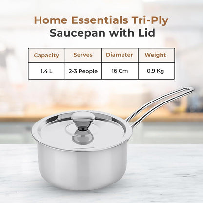 Versatile Tri-Ply Stainless Steel Saucepan with Lid(16cm)