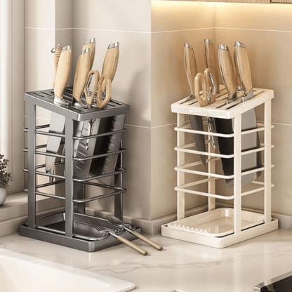 Multi-Functional Antibacterial Kitchen Knife Holder with Draining Tray