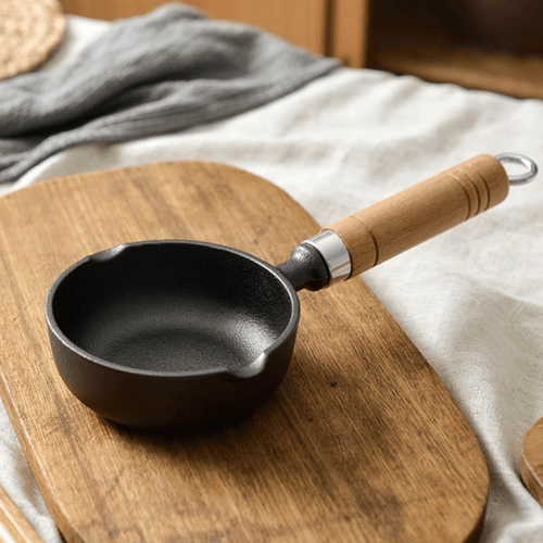 Cast Iron Non-Stick Tadka Pan with Wooden Handle