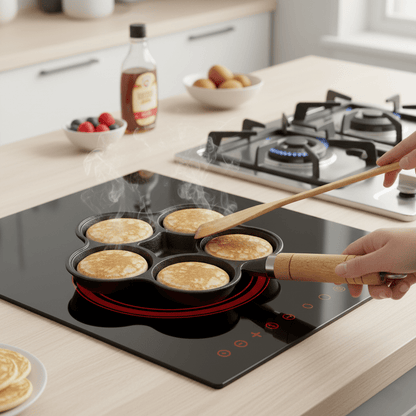 Cast Iron Nonstick Multi-Section Breakfast Frying Pan with Wooden Handle (22cm)