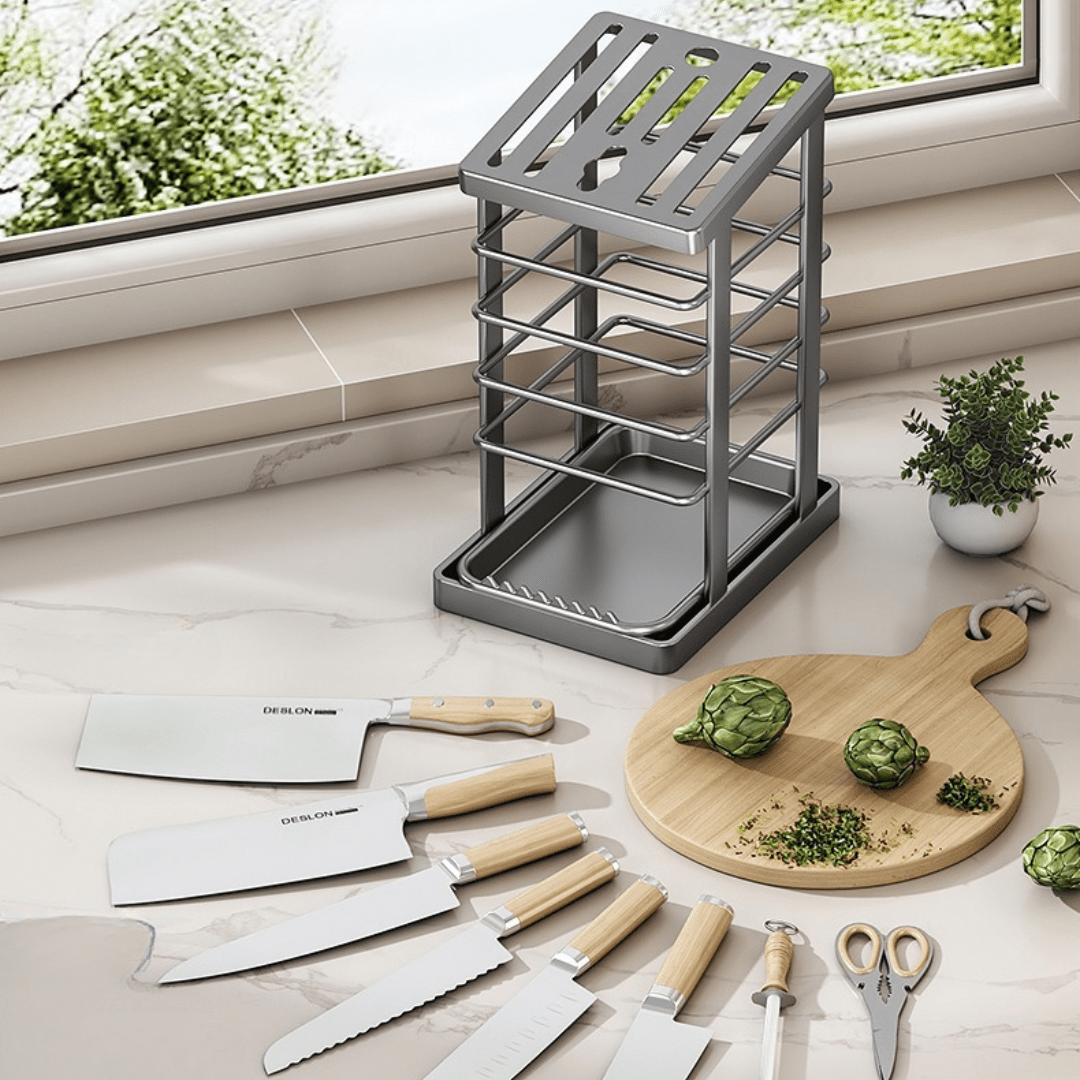 Multi-Functional Antibacterial Kitchen Knife Holder with Draining Tray