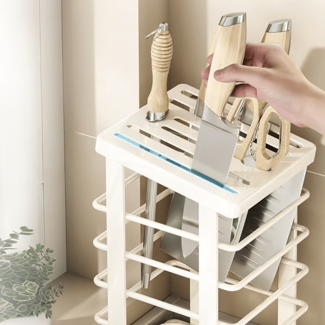 Multi-Functional Antibacterial Kitchen Knife Holder with Draining Tray