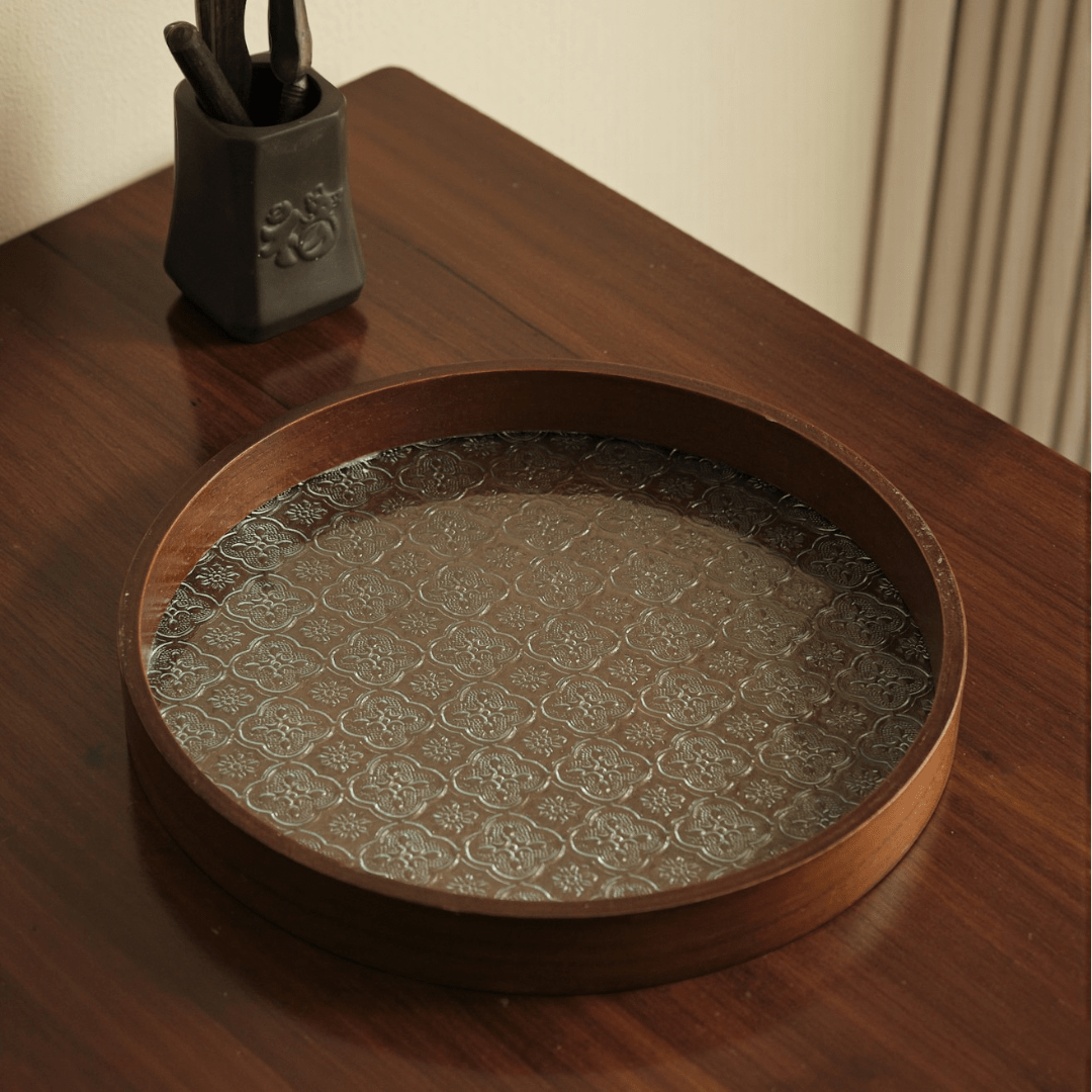 Multi-Purpose Round Wooden Glass Decorative Serving Tray
